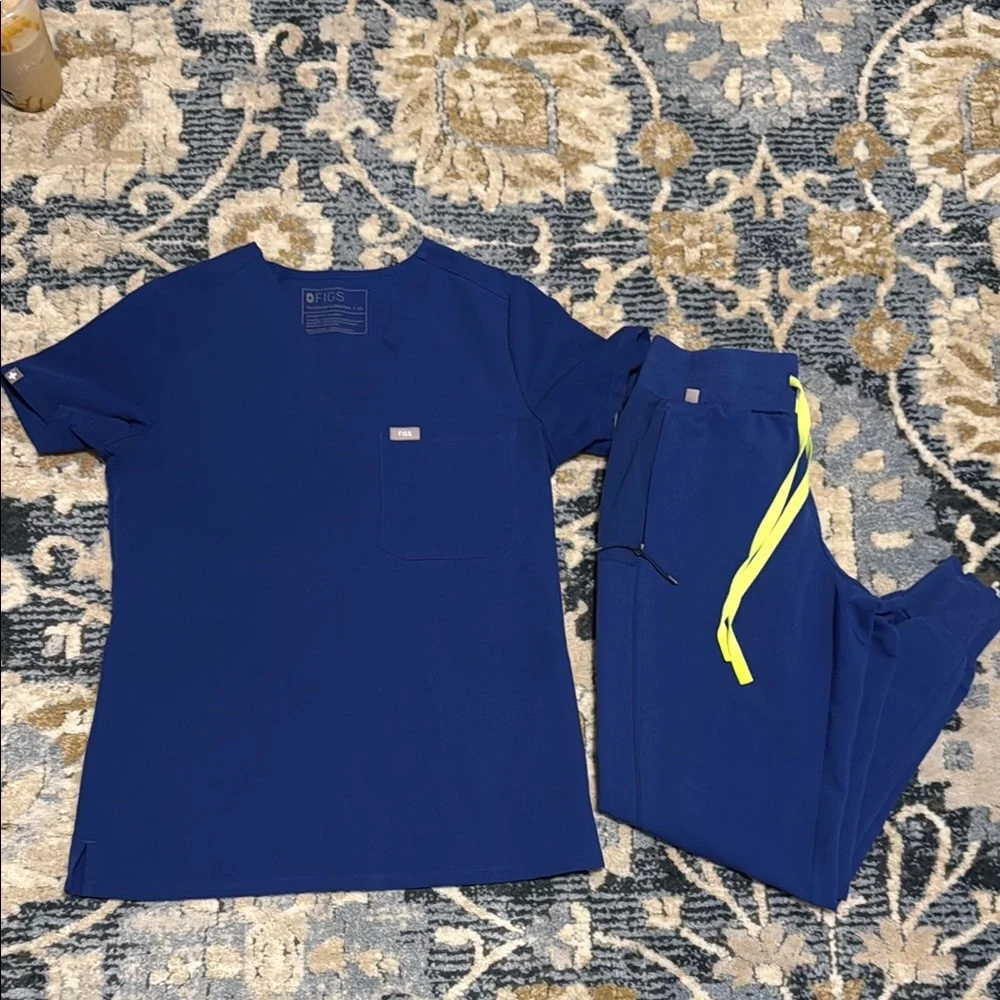 Figs Women's Scrub Set in Royal Blue with Neon Yellow Drawstring